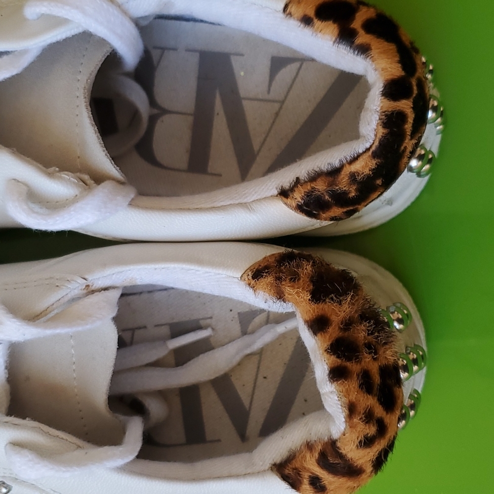 Zara White Studded Sneakers with Leopard Print Shoes Size EU 37 US 6.5 - Picture 6 of 8